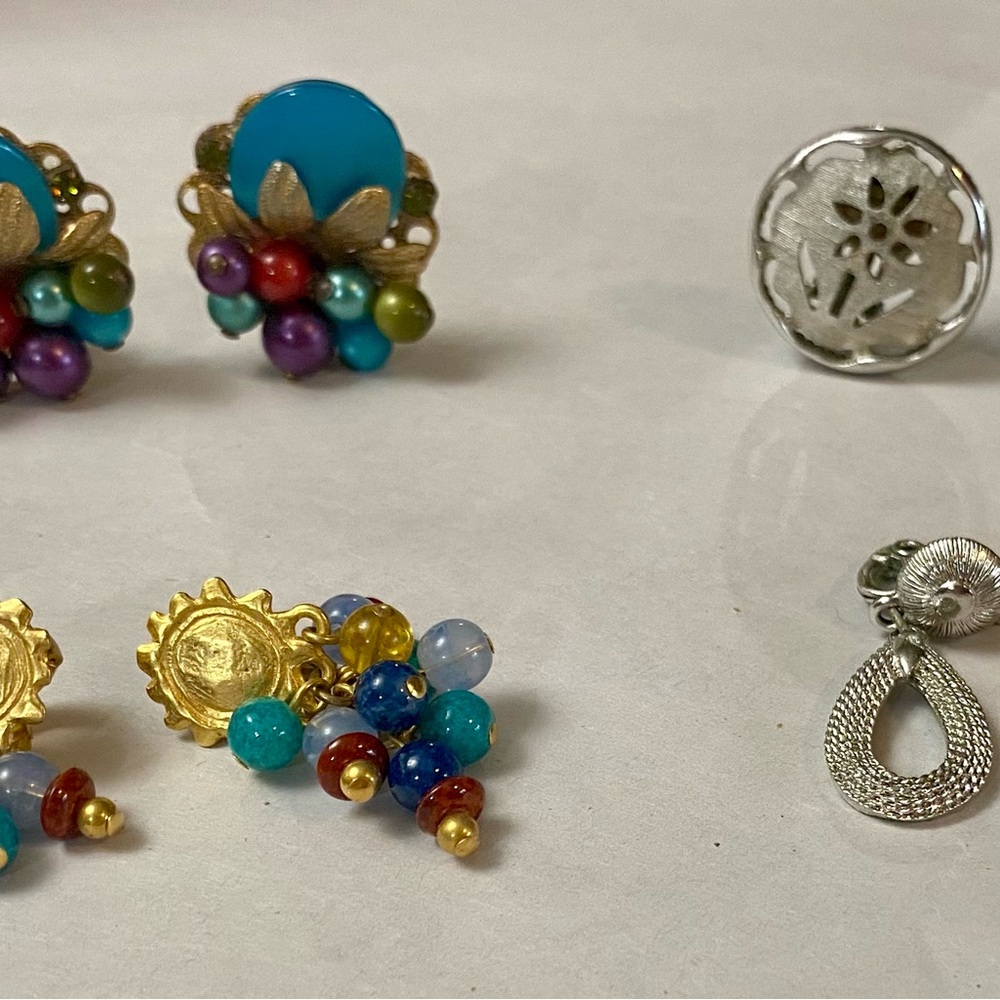 Gold and Blue Cluster Earrings with Floral Design